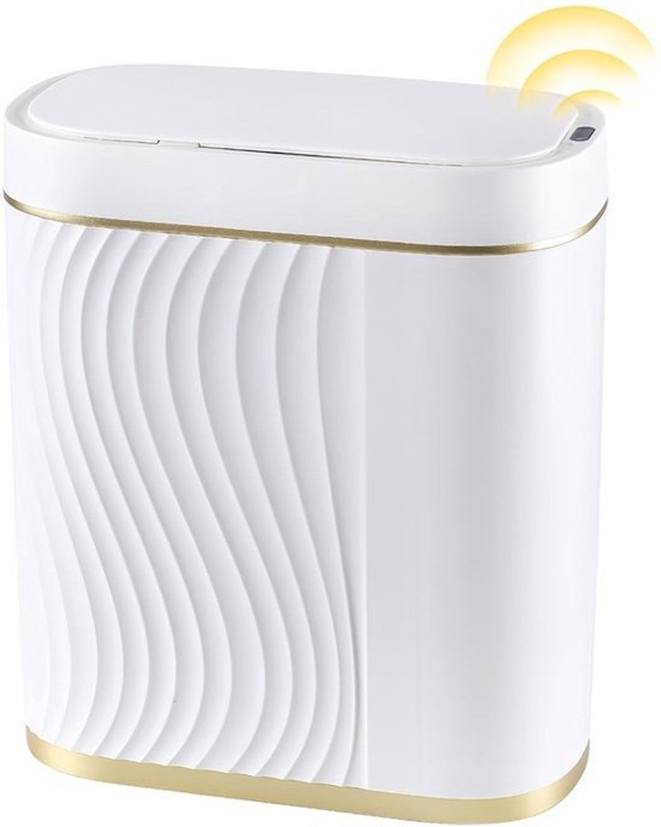 Slimme Sensor Prullenbak - 8 Liter Automatische Prullenbak met Deksel - Smal Design - IPX5 Waterdicht - ABS Kunststof - Wit met Gouden Bies