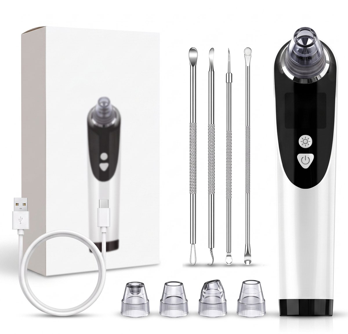 Fokelyi Blackhead Remover - Gezichtsreiniger - Elektrische Poriënreiniger - Warmtefunctie -Mee-eter Verwijderaar - Acne-Zwarte Puntjes-Huidverzorging- Inclusief Comedonenlepels Set- Wit