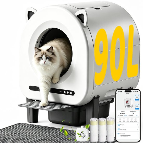 Witte, zelfreinigende kattenbak (90L) met een Ragdoll kat die eruit stapt. Toont een smartphone app en accessoires.