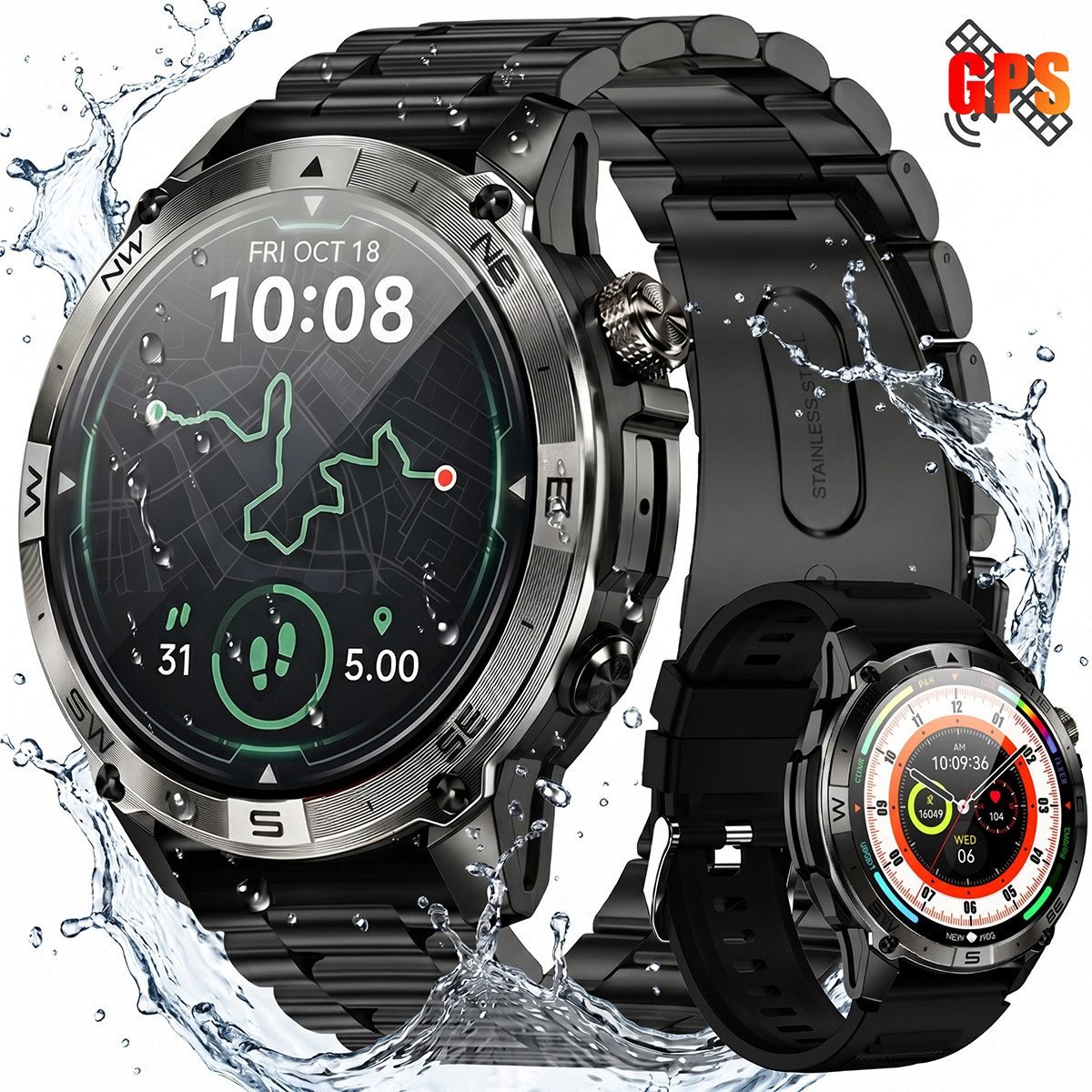 VASHOY HK08 - GPS Smartwatch - Sport Smartwatch - Outdoor Smartwatch - 1.43" AMOLED GPS Baro-Altimeter IP68 160+ Sportmodes – 3-delige set, hartslag/slaap/stappenteller, voor Android/iOS