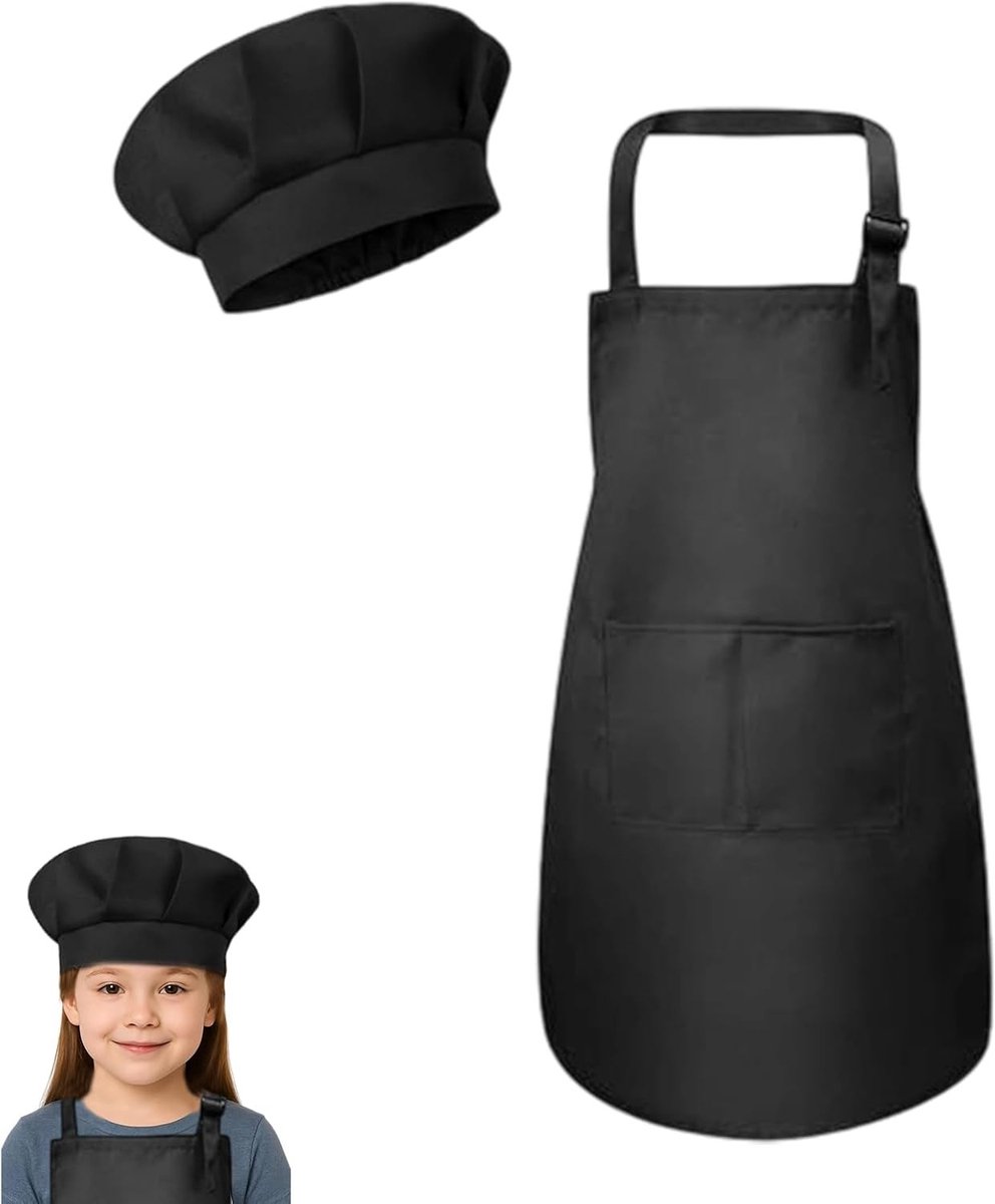Verstelbare Kinderschort en Kookmuts Set voor Jongens en Meisjes van 4-12 Jaar, Ideaal voor Koken, Schilderen en Creatieve Knutselprojecten met Vakken