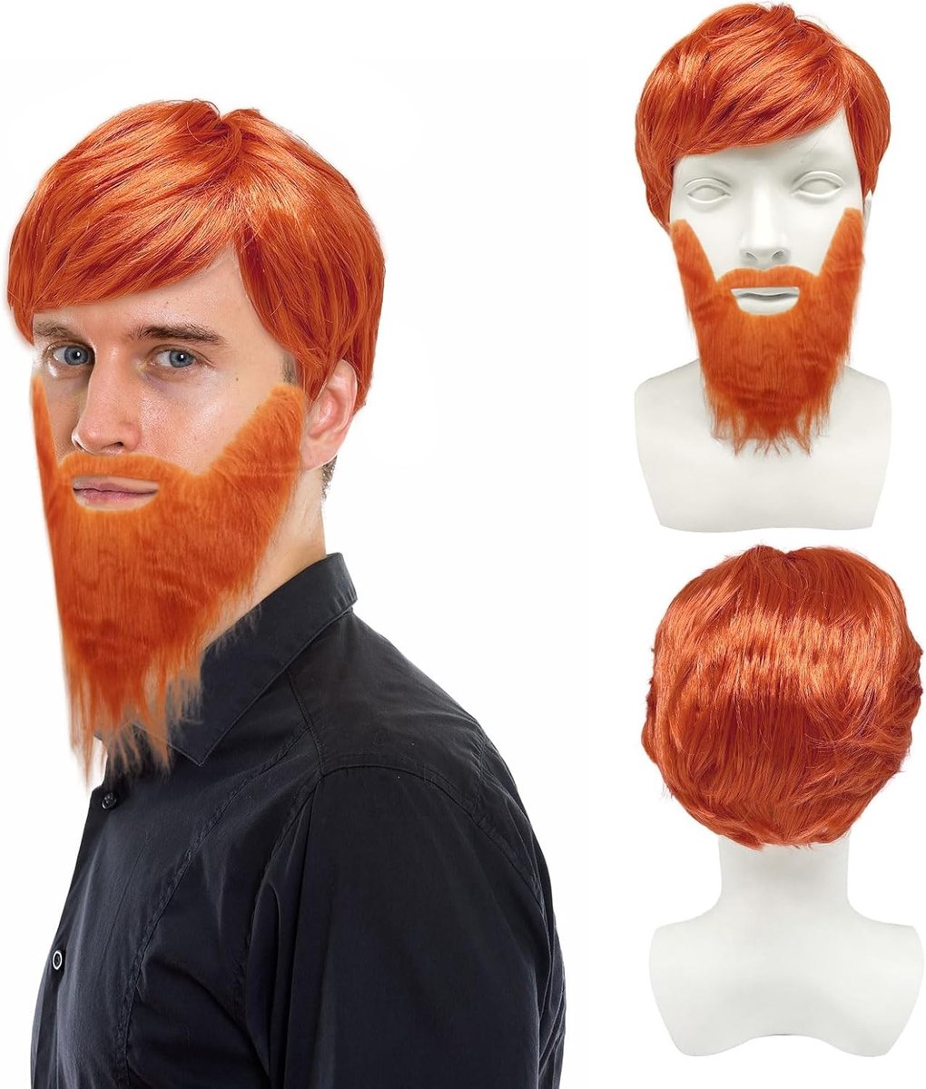 2 Stuks Mannen Perücke met Grote Baard - Oranje Korte Perücke voor Feest, Carnaval en Kostuum uit de Jaren '60, '70 en '80
