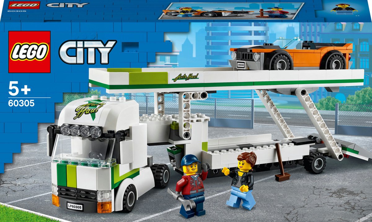 LEGO® City Autotransportvoertuig 60305 bouwset van een autotransportvoertuig met een bovendek dat omhoog kan en een helling; inclusief een geweldige muscle car en 2 minifiguren; cool speelgoed voor kinderen (342 onderdelen)