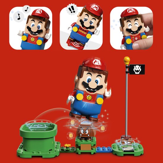 Animaties van LEGO Mario die geluiden maakt, schrikt en blij is, met een speelveld met een pijp en Goomba.