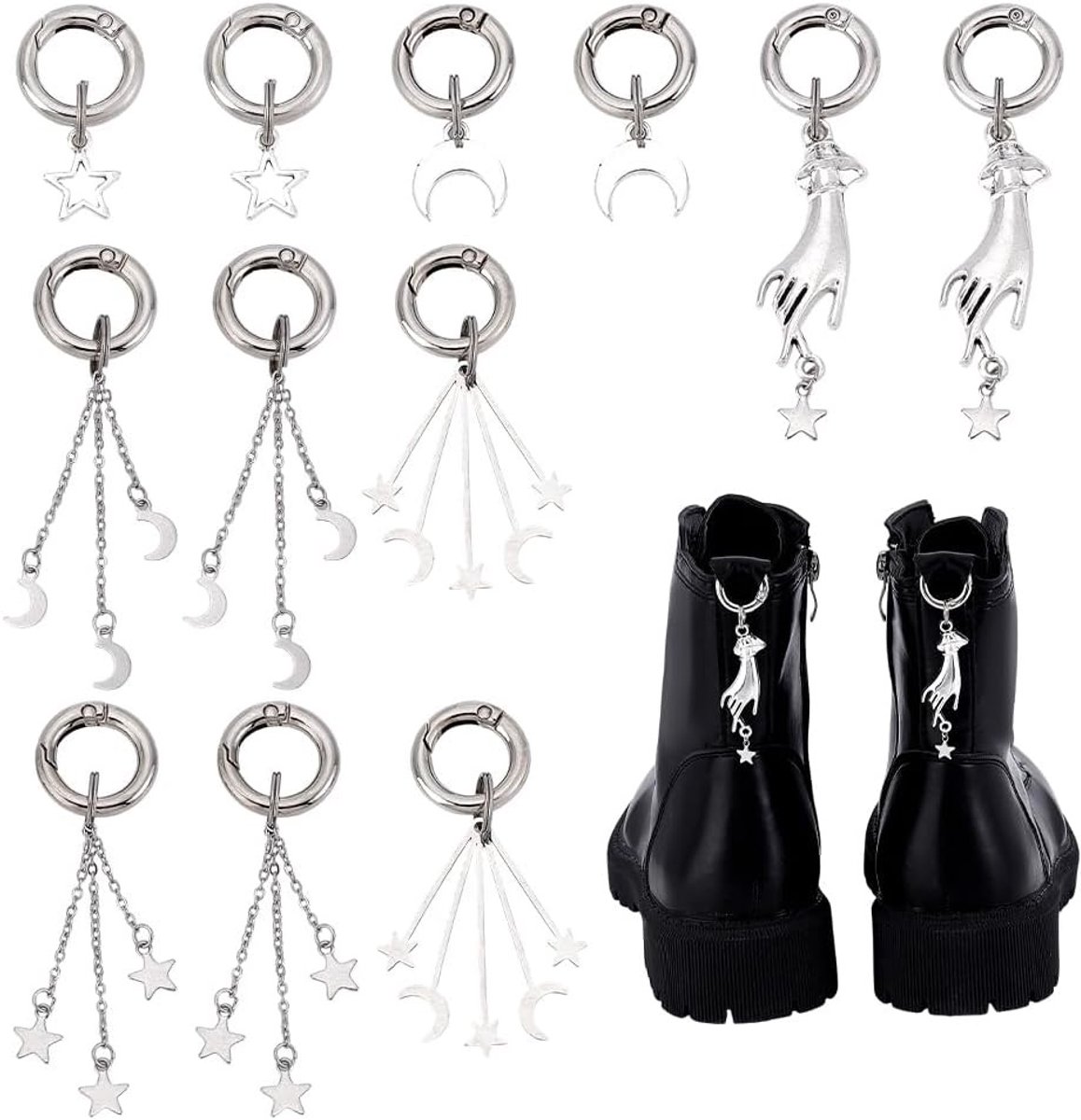 12 stuks schoenhangers in 6 stijlen voor laarzen - Ster en maan decoraties met veerringen, ideale schoenaccessoires voor feestlaarzen en trendy outfits, 1,38 - 2,95 cm lang