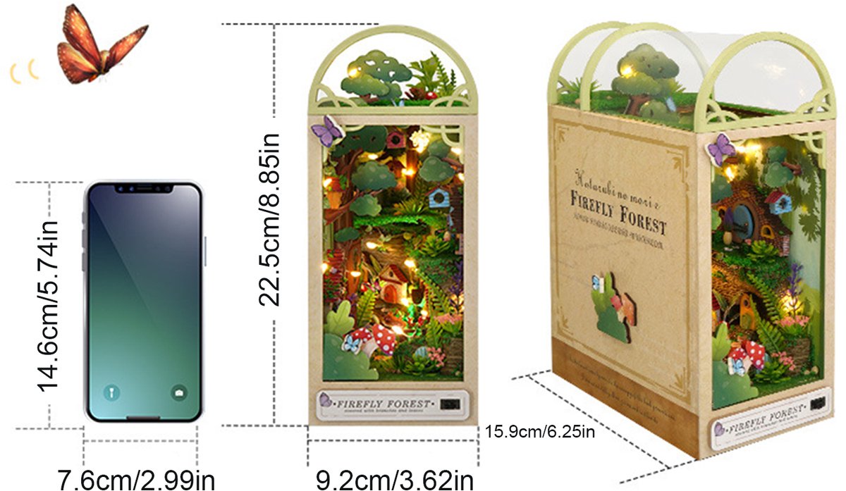 COVREO DIY boekensteun met LED licht – 18 x 15 x 9,8 cm – Houten puzzel book nook voor boekenplank – Miniatuur kit voor decoratie – Bruin