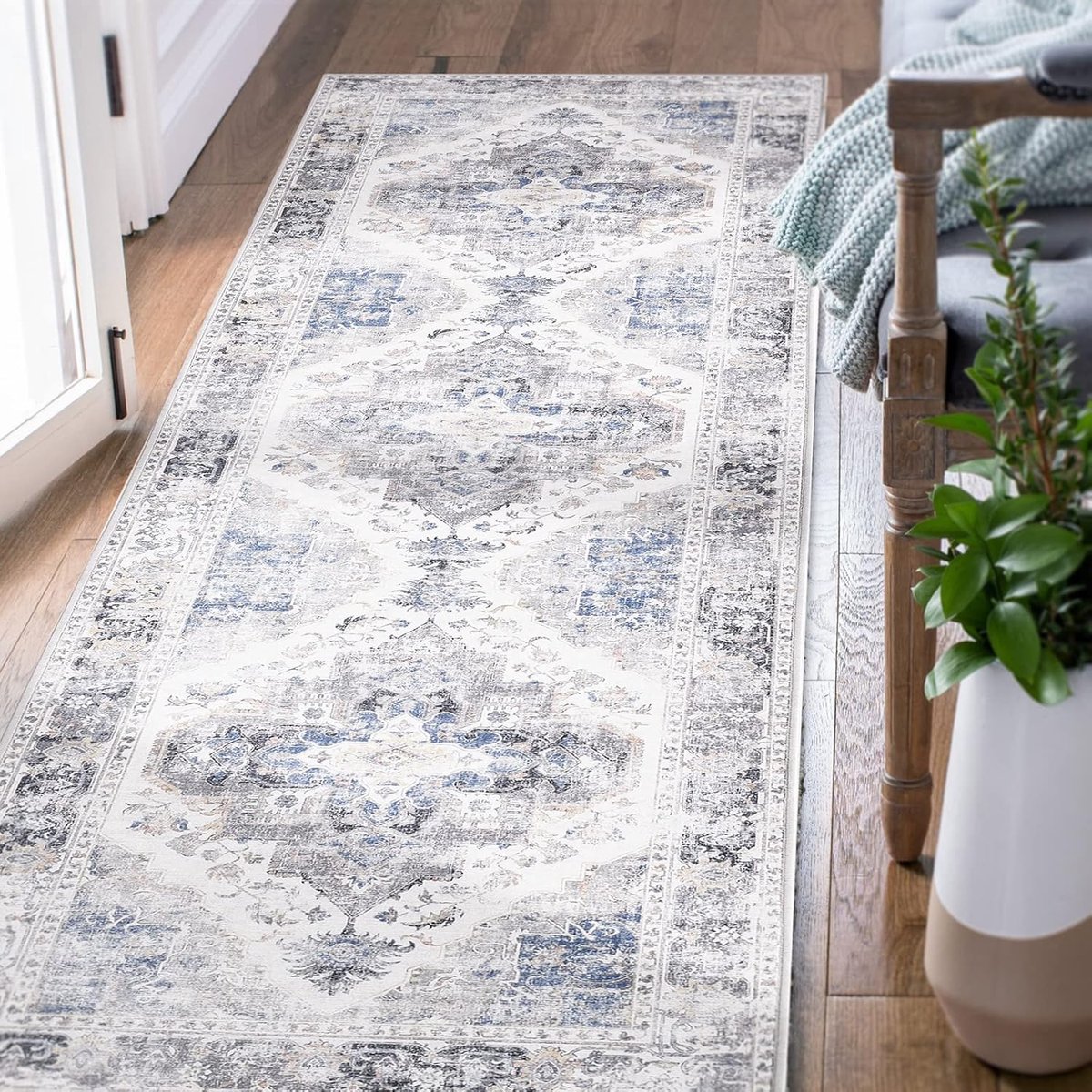Keukenloper - 60 x 180 cm - Polyester - Vintage oosters - Antislip - Machinewasbaar - Grijs
