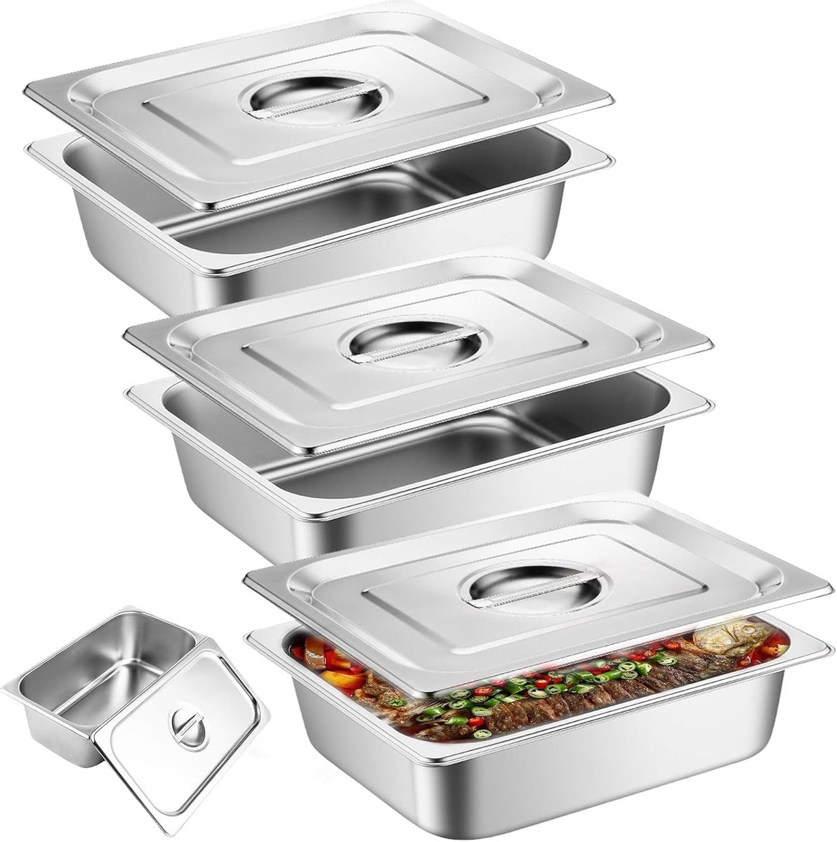 Set van 3 Breading Schalen: Rectangulaire Metalen Gourmethouder met Deksel, RVS Breading Kom voor Vis, Ideaal voor Paneren en Koken
