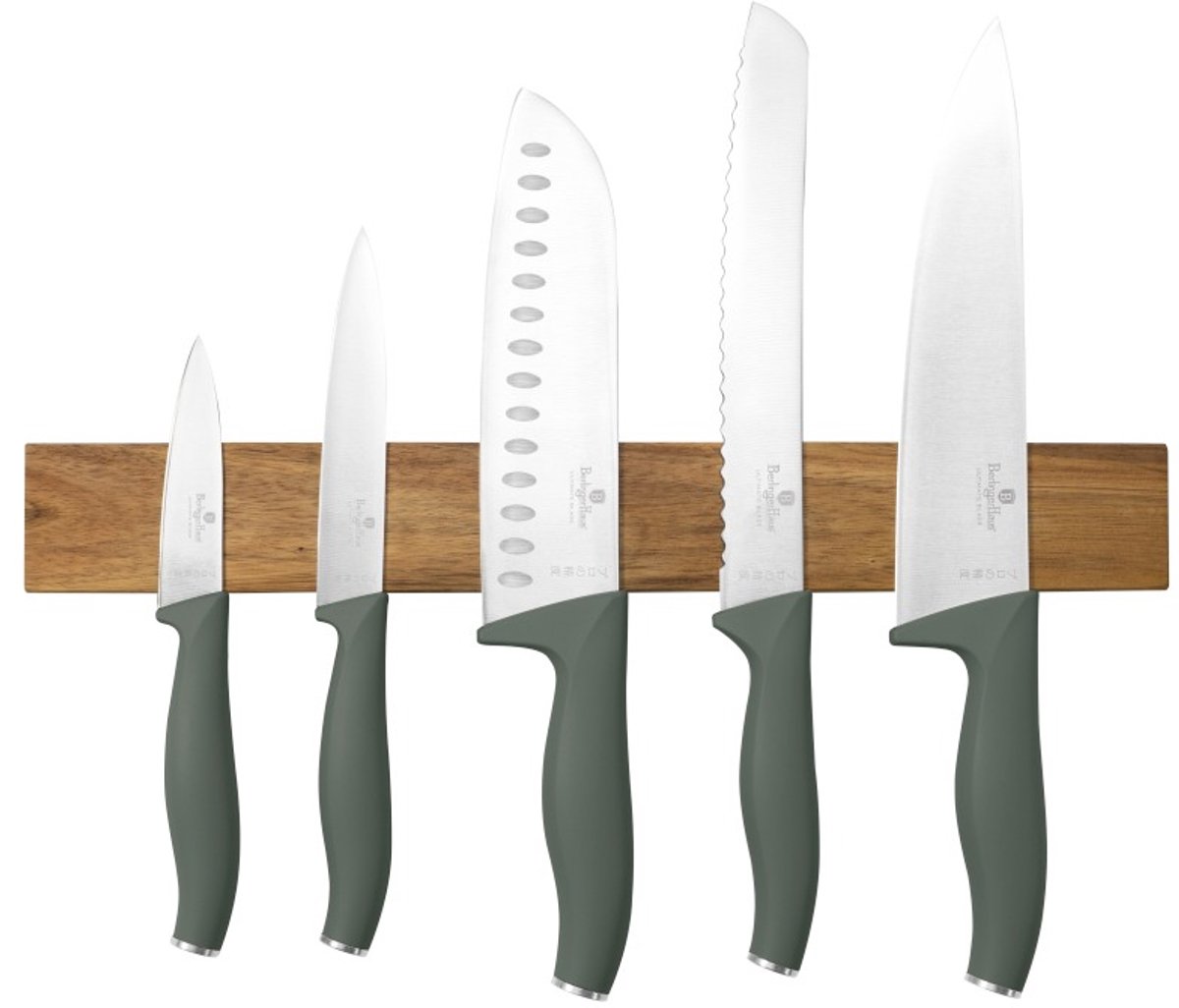 Messenset met magnetische houder van acaciahout, 6 stuks, Matte Green Collection