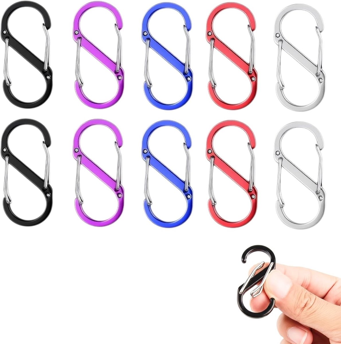 Set van 10 Kleurige Mini S-Haakjes, Robuuste Dubbele Carabiners voor Kamperen, Reizen en Outdoor Activiteiten