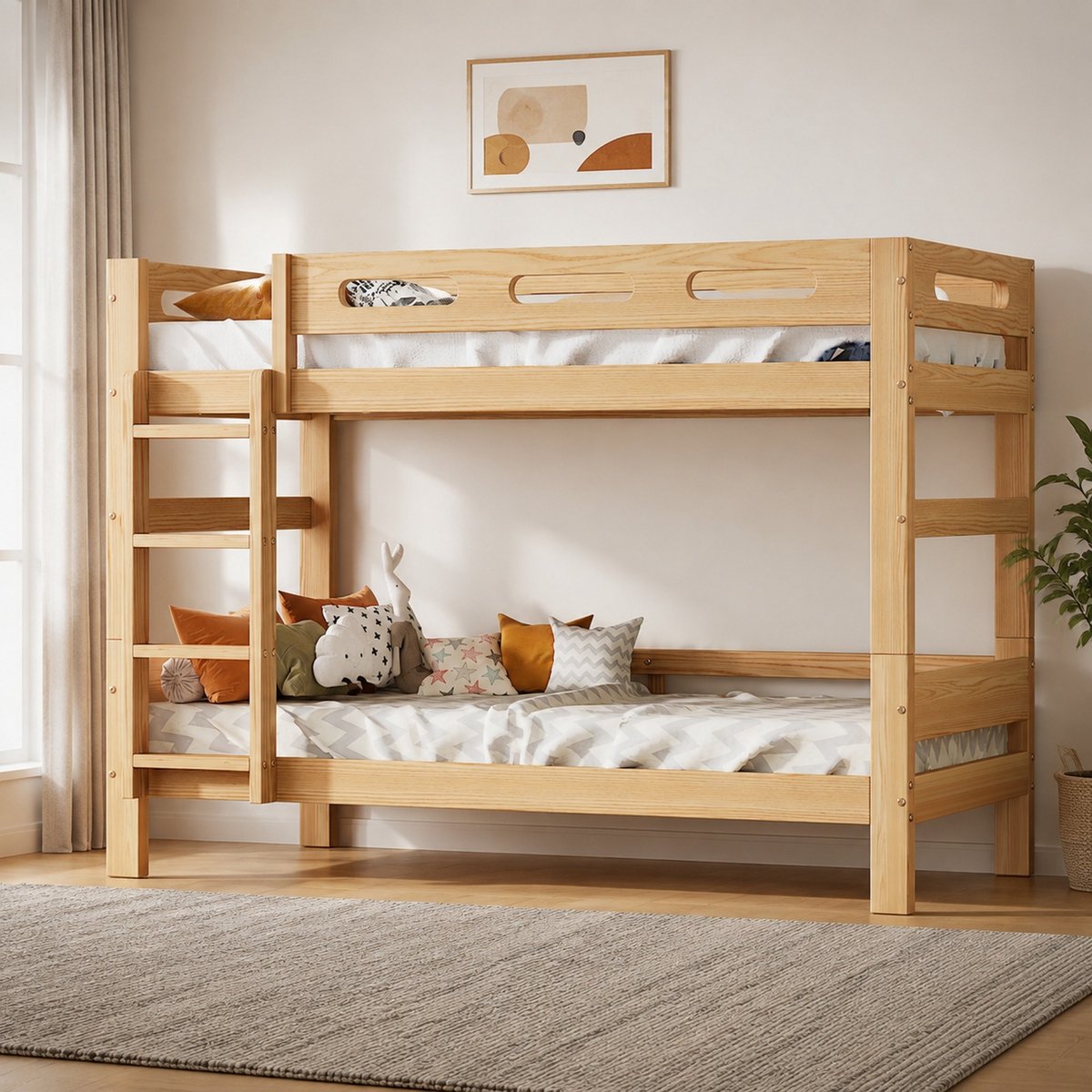 COVREO Stapelbed met ladder en veiligheidshek – 90x200 cm – Kinderbed van hout – te splitsen in 2 eenpersoonsbedden – Natural - zonder matras