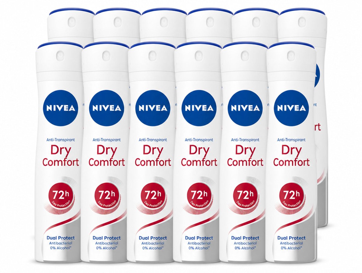 12 x NIVEA - Deodorant Spray - Droog Comfort - Antibacterieel - 150 ml - Voordeelverpakking - 12 stuks