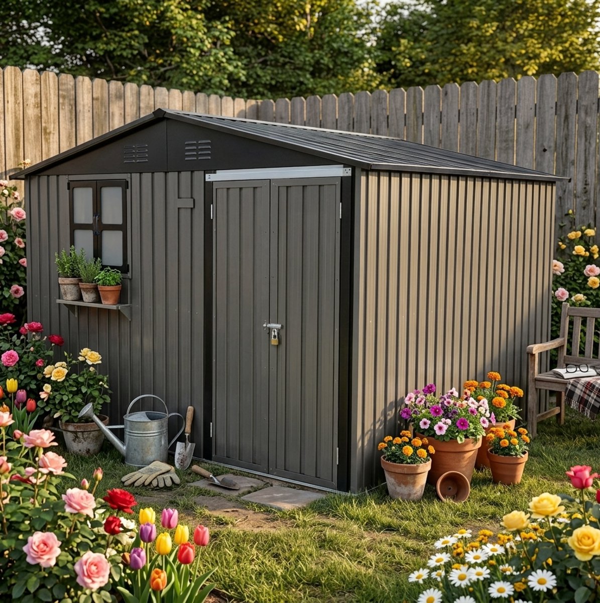 Tuinhuis Metalen 313,1 X 255,4 X 199,9 Cm Bruin Dubbele Deuren Afsluitbaar Met Ramen En Bloemenrek Voor Tuin En Terras
