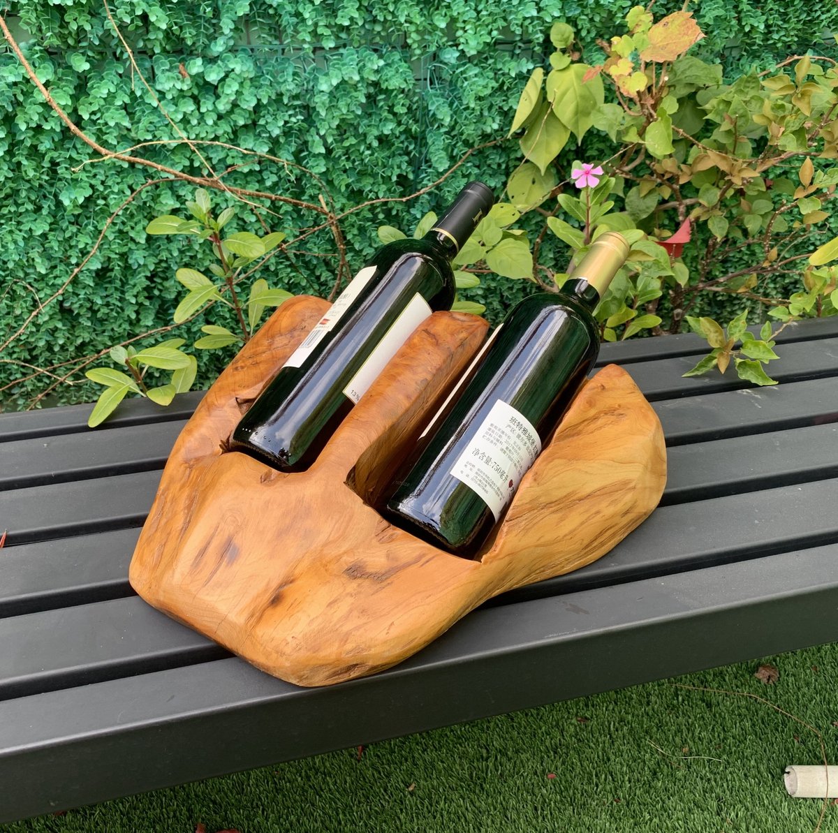 Wishdor Wijnrek - Vintage houten houder voor 2 flessen - Organische vorm - Tafelmodel - L 30 x B 33 x H 18 cm