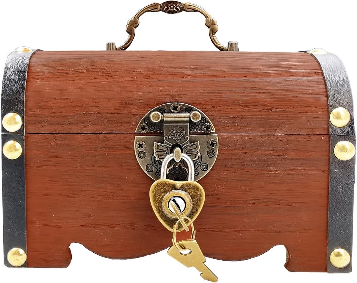 Vintage Houten Schatkist voor het Opslaan van Munten, Papieren Geld, Ringen en Sieraden met Hartslot