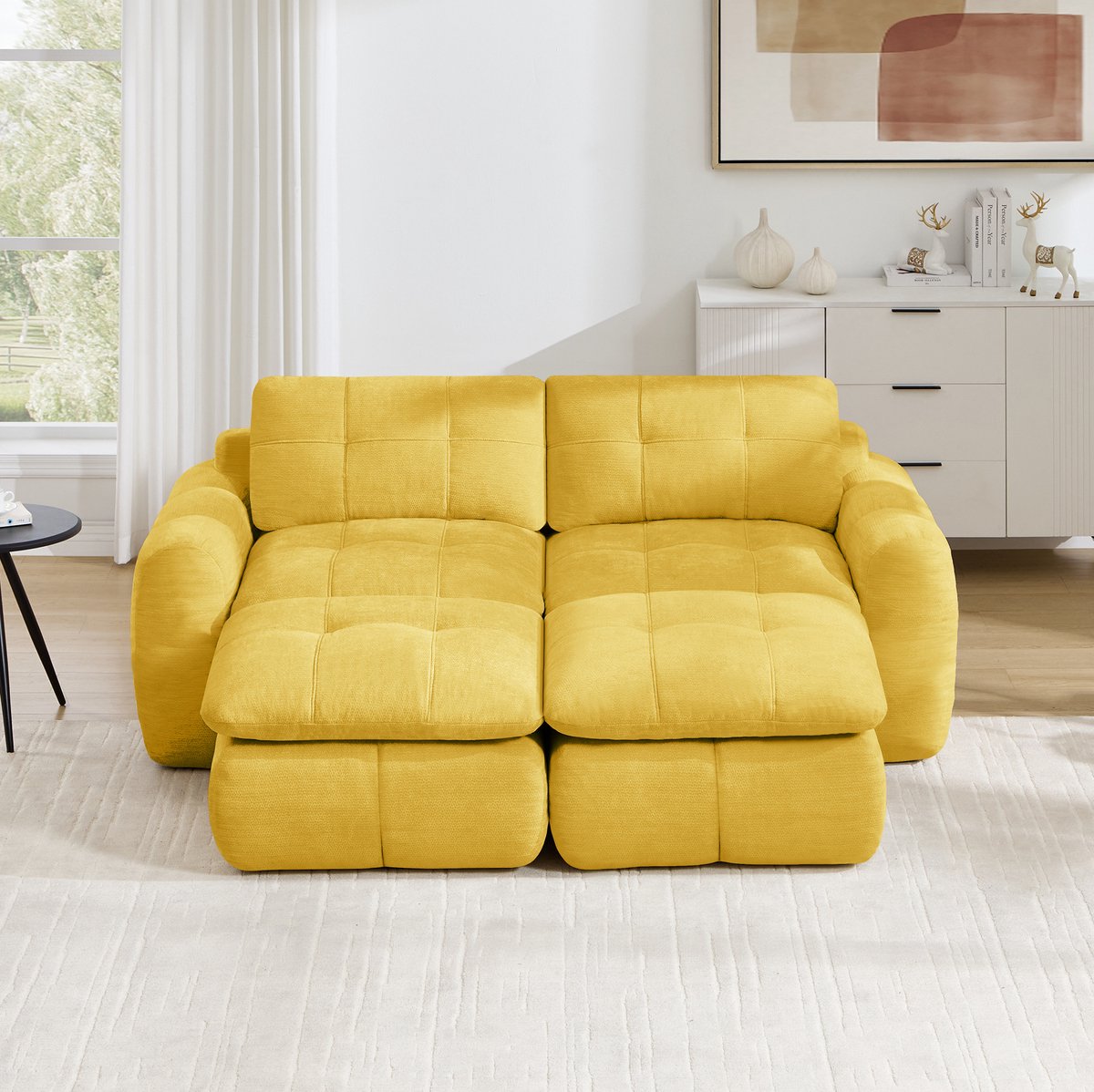Wishdor Bank - 2 zitplaatsen - Modulaire wolkenbank met chenille bekleding en twee ottomanen - Voor woonkamer en appartement - Geel - 194 x 160 x 68 cm