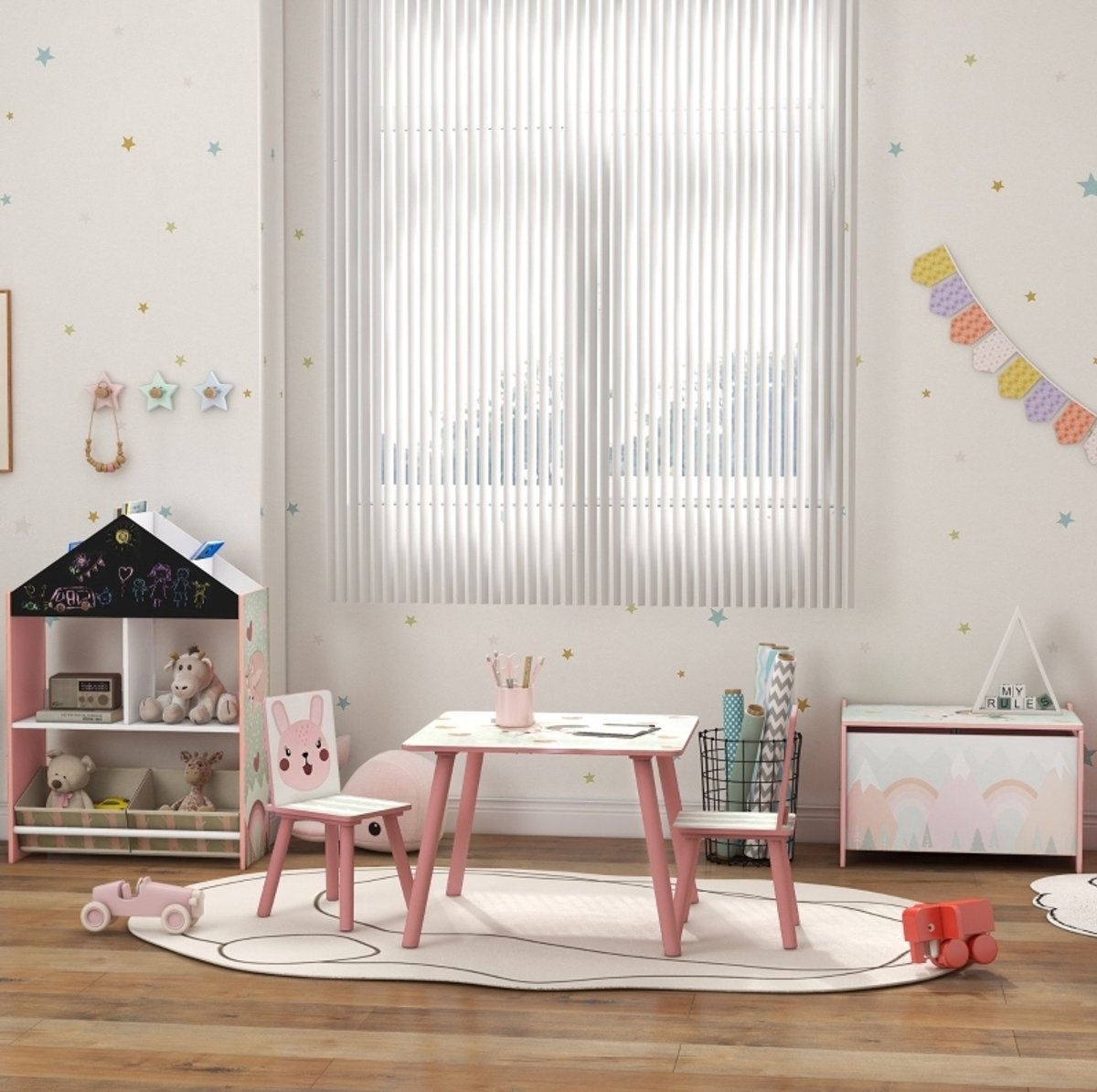 MODFU - Kinder Tafel En Stoel Set - Dierenmotief - Roze - Hout