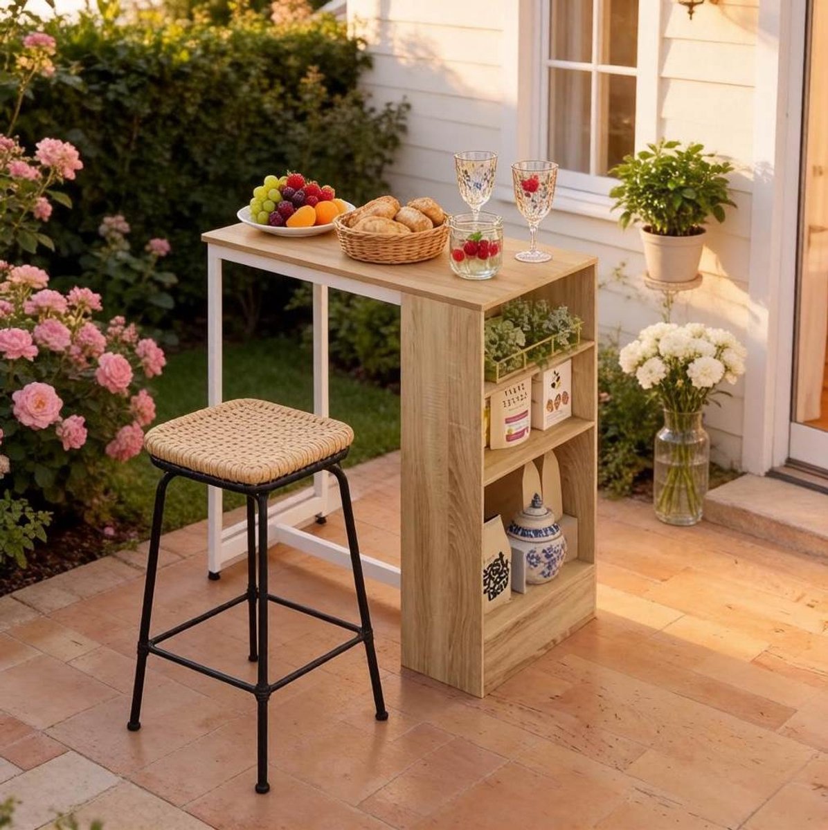 Bartafel - E1 Spaanplaat En Metaal Met Opbergplanken - Keuken En Barhoek - Wit En Licht Eiken - 91x49x91 Cm