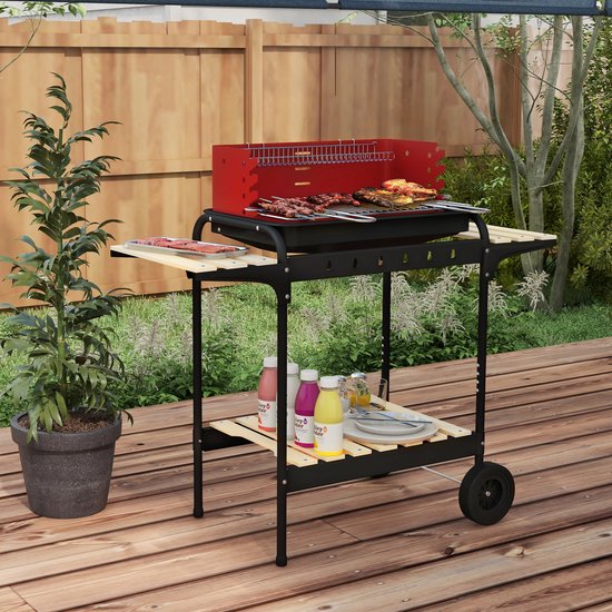 Outsunny-Holzkohlegrill-Metall, Kiefernholz-103L x 47B x 95H cm-Rot van Merkloos — afbeelding 2