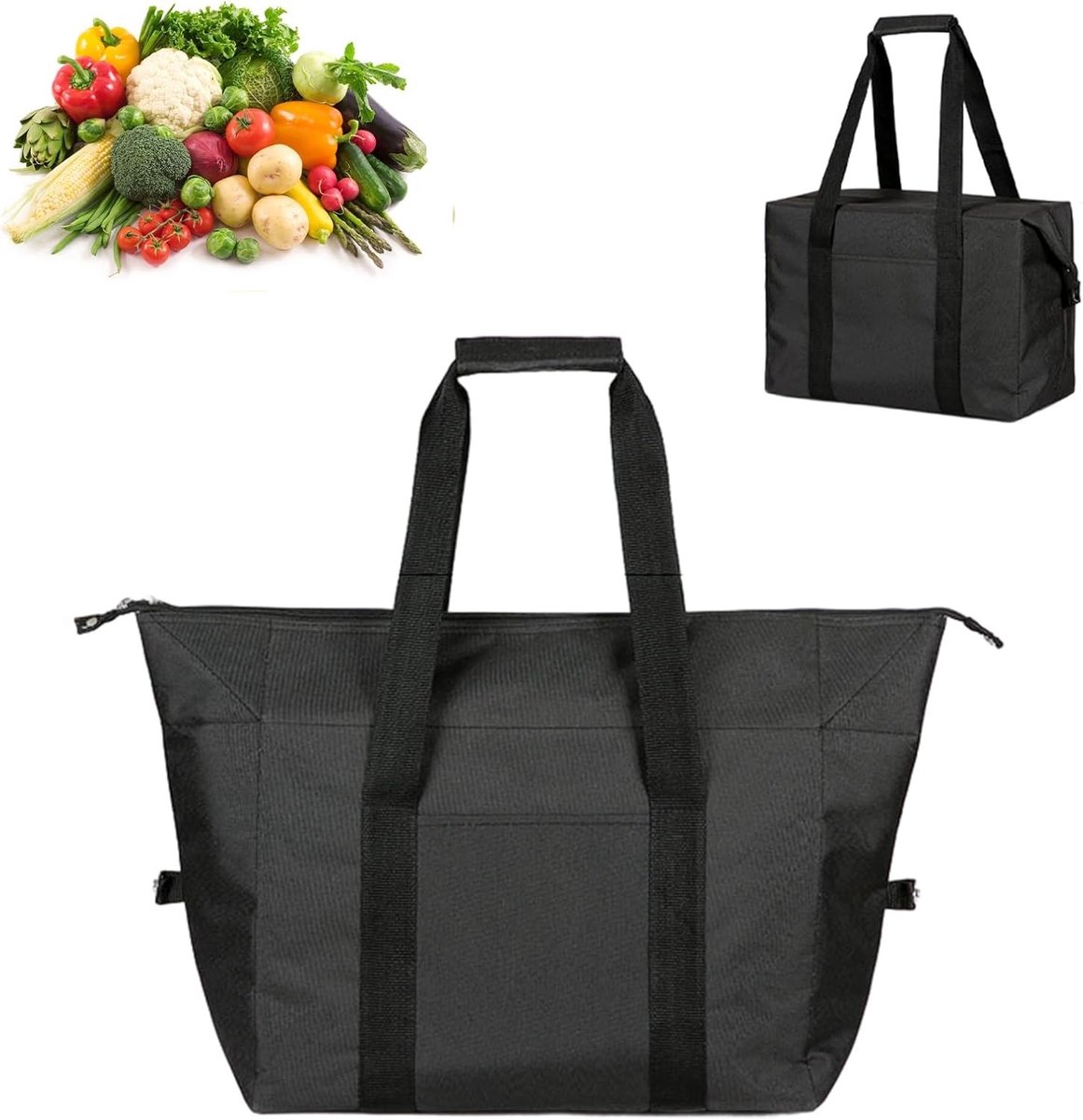 Geïsoleerde Boodschappentas - Zwart - 39 x 27 x 19 cm - Opvouwbare Koeltas met Harde Voering - Voor Kamperen en Picknicks