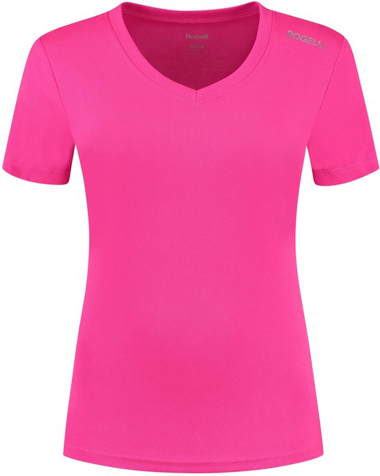 Roze sportshirt met korte mouwen, V-hals en logo op de schouder.