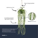 Kunst hangplant met parelkettingbladeren in een donkere pot, met tekst "Natural leaf texture".