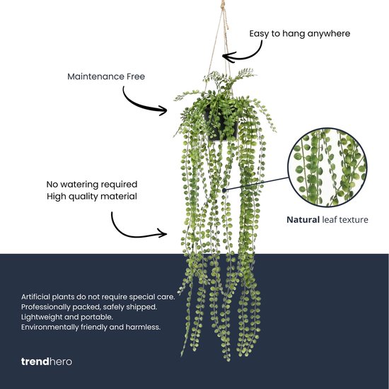 Kunst hangplant met parelkettingbladeren in een donkere pot, met tekst "Natural leaf texture".