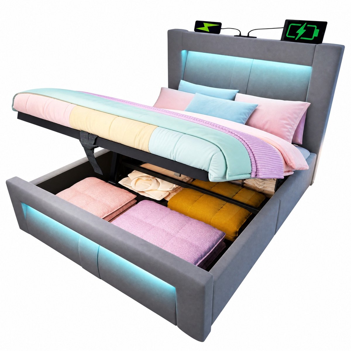 WUVRIE bed 90x200 cm met opbergruimte, LED-verlichting, USB-C en fluwelen afwerking, grijs