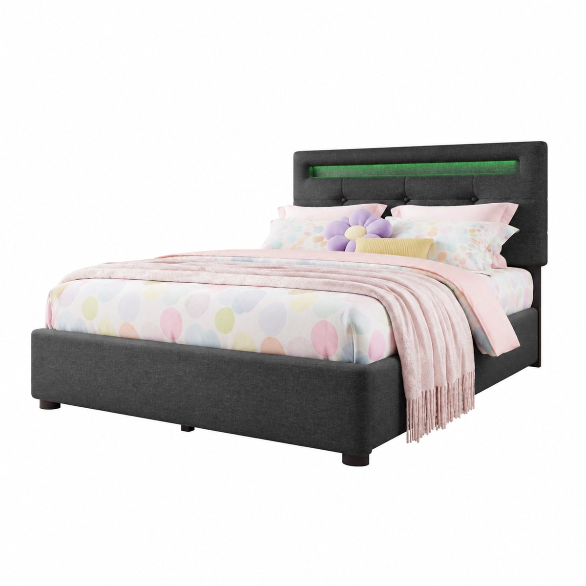 WUVRIE Gestoffeerd bed 90x200 cm met LED, 2 lades en verstelbaar hoofdeinde, grijs