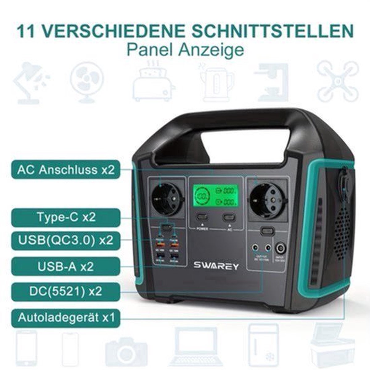 Draagbare Power Station – Mobiele Generator – Solar Generator – Noodstroomvoorziening – Buitenaccu – 1000W Vermogen – 725,76Wh Capaciteit – 2x 1000W AC Uitgang – 2x 65W USB-C Poorten