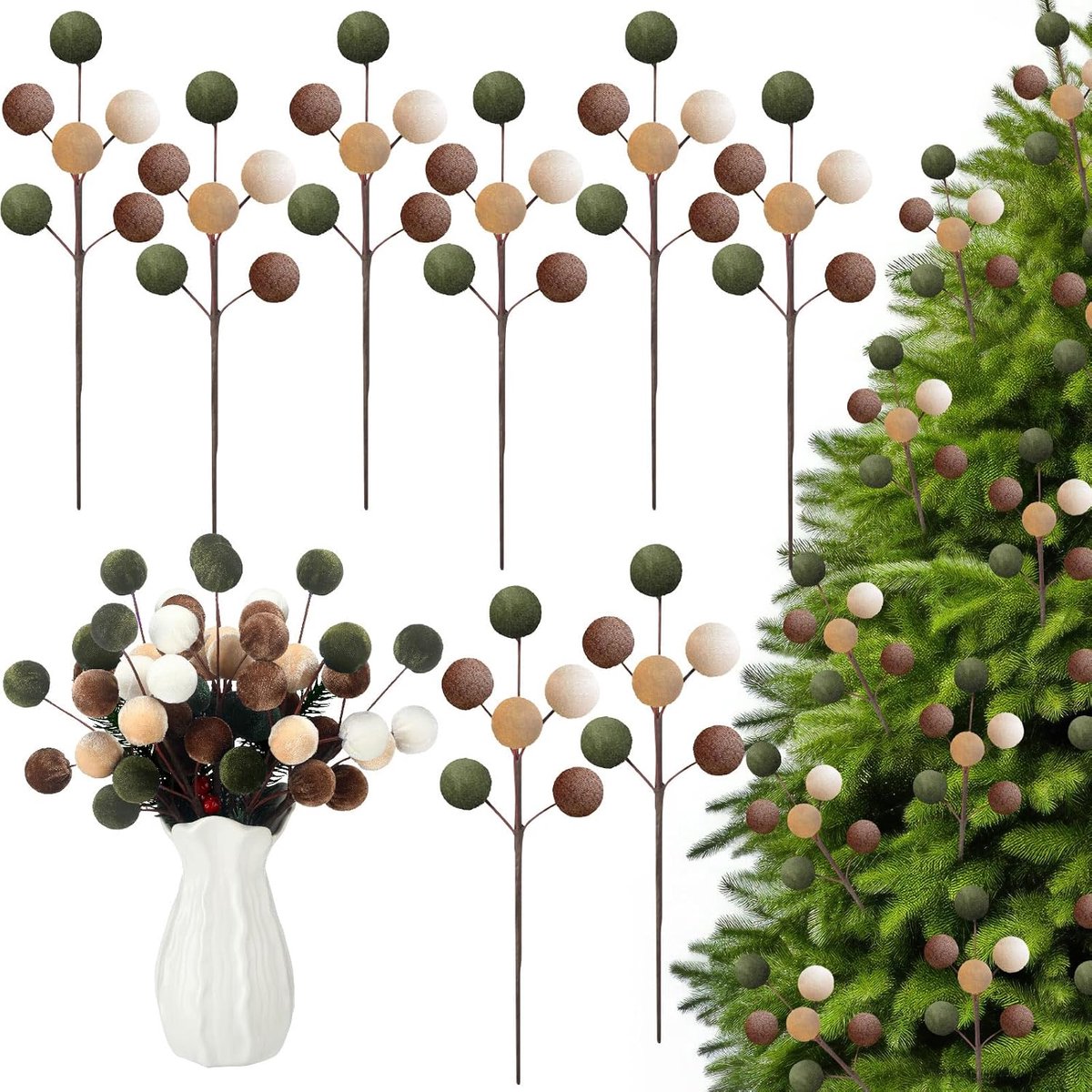 Kerstversiering - Fluweel Kersttakken - Kerstboomdecoratie - 30 cm - 8 stuks - Neutrale Kleuren (Groen, Bruin, Beige)