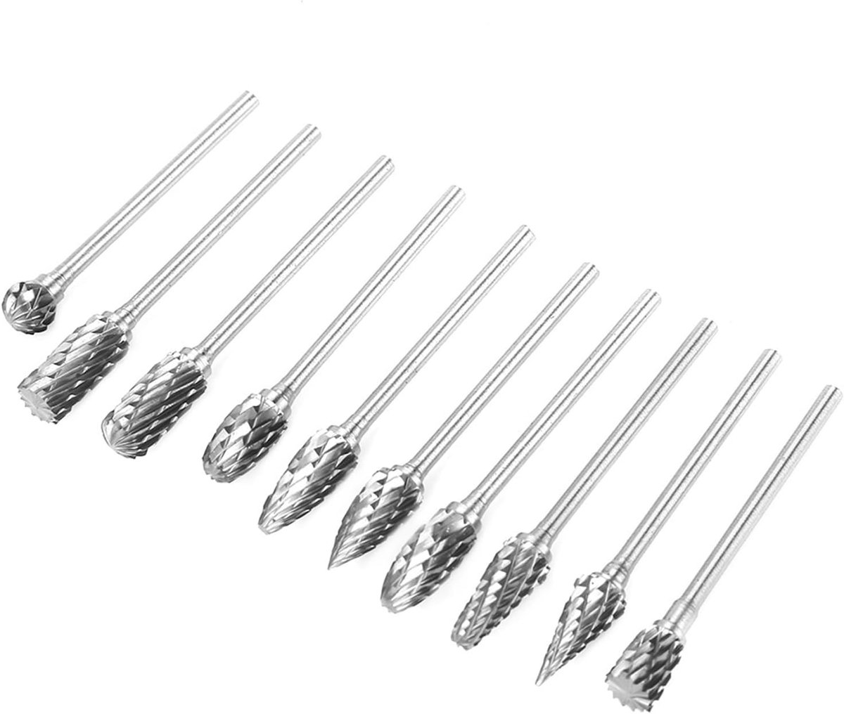 10 Stuks Tungsten Carbide Frees voor Metaalbewerking - Dubbel Geslepen, 3mm Schacht, Diverse Vormen voor Graveren en Beitelen