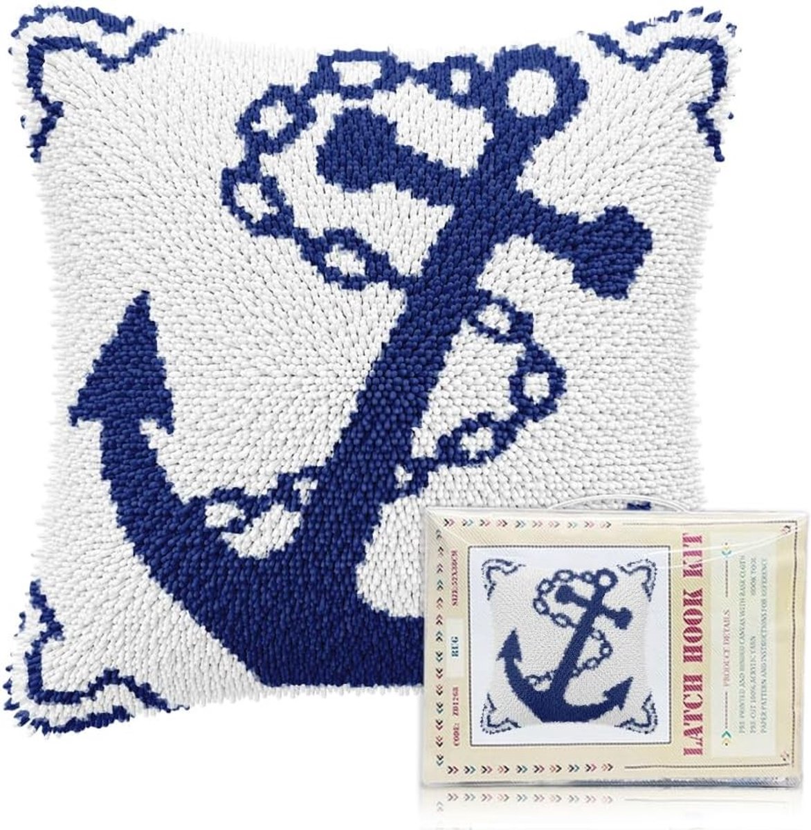Riel Hook Set 17 x 17 inch voor Volwassenen en Beginners, Voorafgedrukt Ankerpatroon, Haak- en Kussen Set voor Sofa Decoratie en Interieurstyling