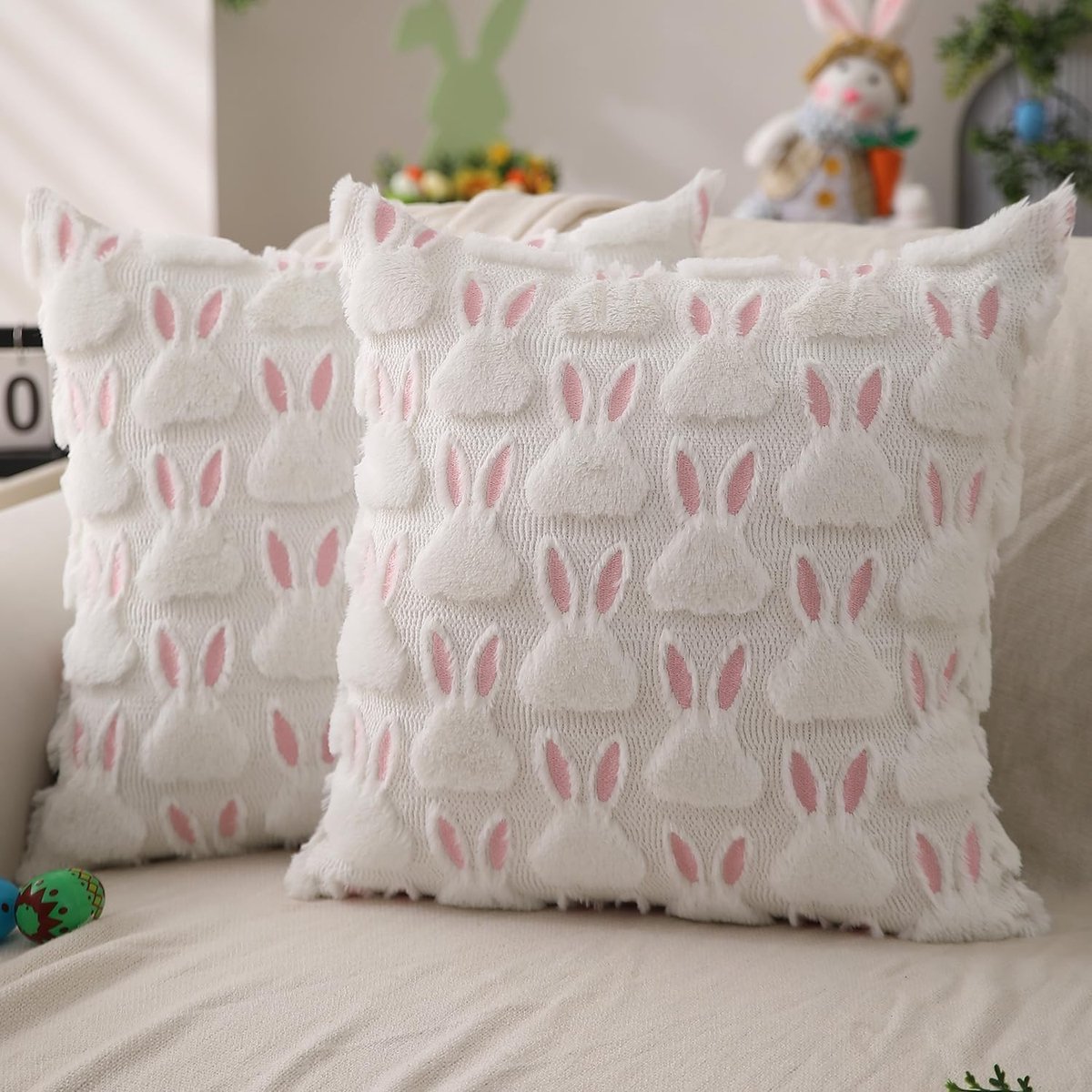 Decoratieve Kussenhoes voor Pasen met 3D Konijn en Salade Oren - 40x40 cm Sofa Kussen voor Feestelijke Versiering