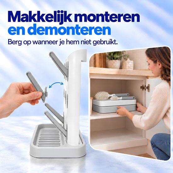 Kluvaro Flessen droogrek - Droogrek voor Babyflessen en Flesvoeding Accessoires - 2 Flessenborstels - Afdruiprek - Grijs — afbeelding 3