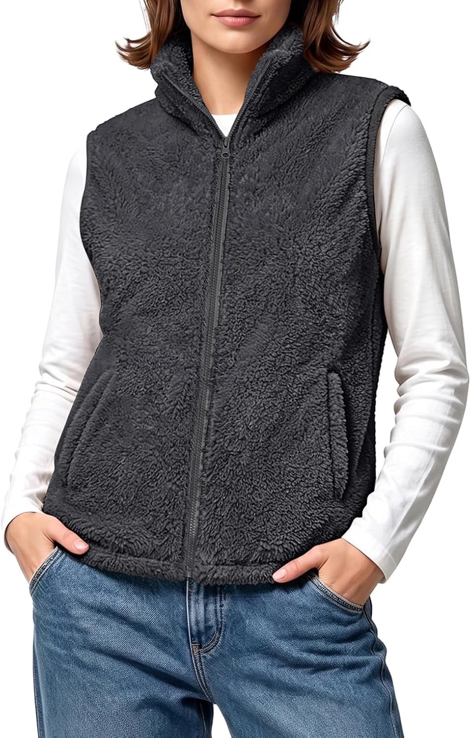 Fleece vest met kraag en zakken