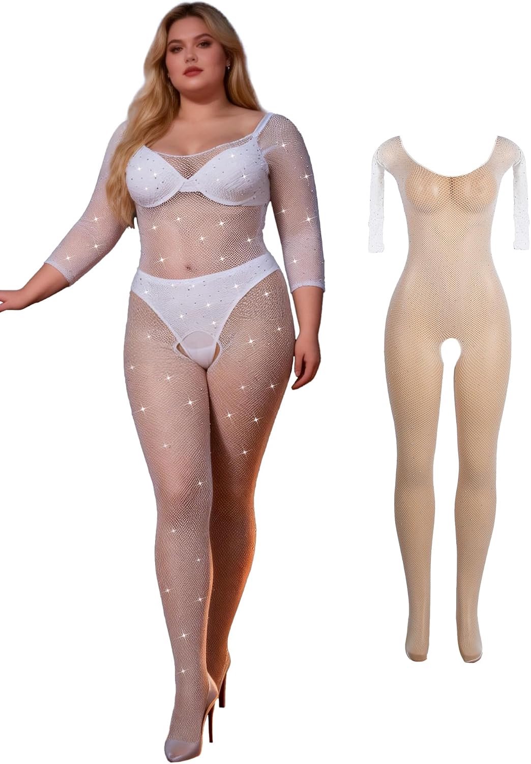 Bodystocking met strass en visnetpatroon, lange mouwen, open kruis, wit, XS-M