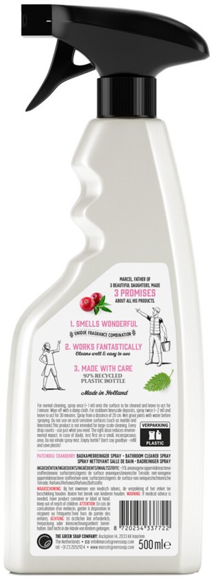 Achterkant van Marcel's Green Soap badkamerreiniger fles met productinformatie en '3 promises'.