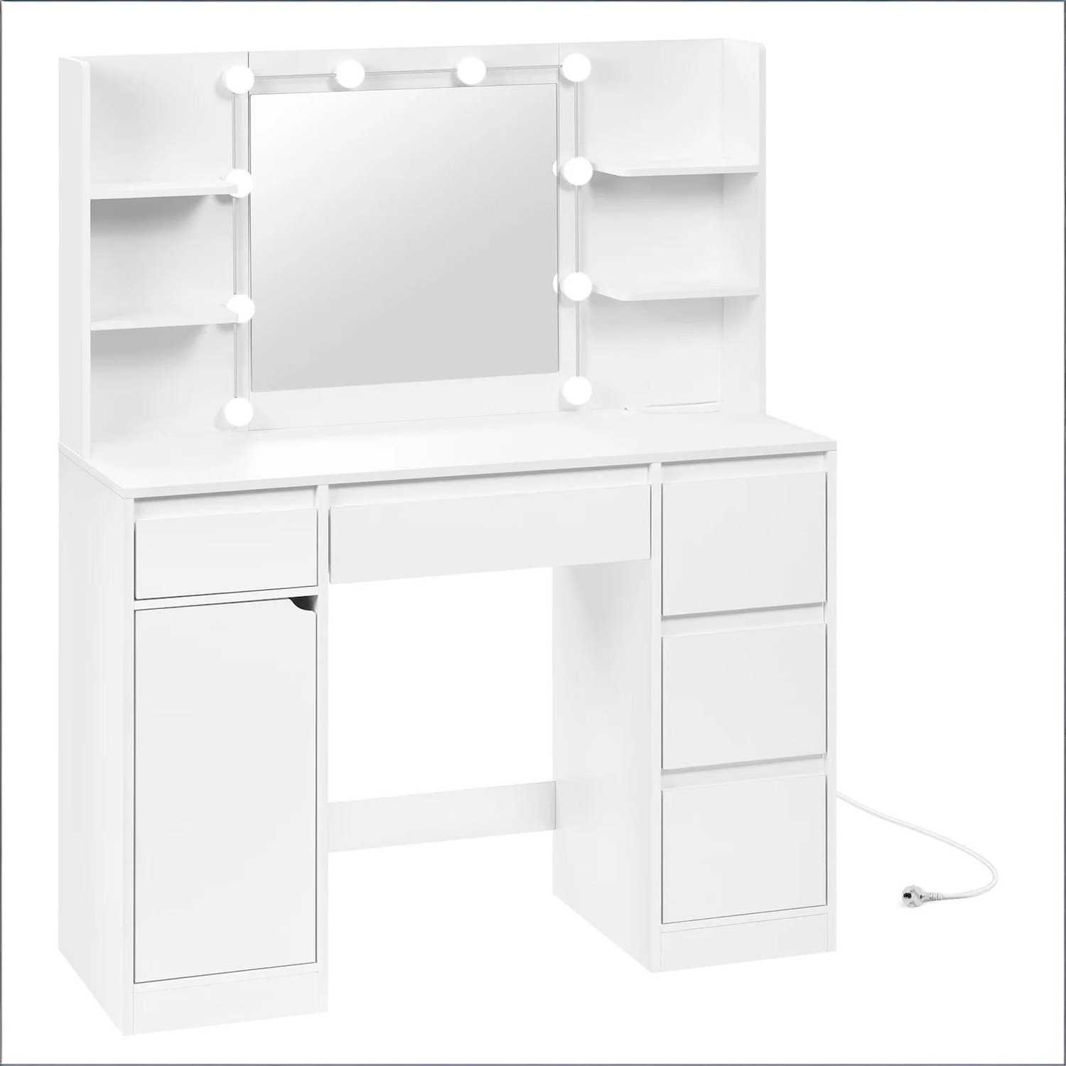 Kaptafel met spiegel en verlichting - Witte kaptafel met vijf lades en stopcontact - Make-uptafel met opbergruimte voor slaapkamer - Hout en glas