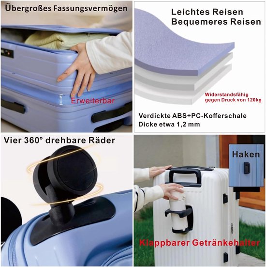 Koffer met TSA-slot, bekerhouder en haak, 24 inch, 8 wielen van Dailygoods — afbeelding 3