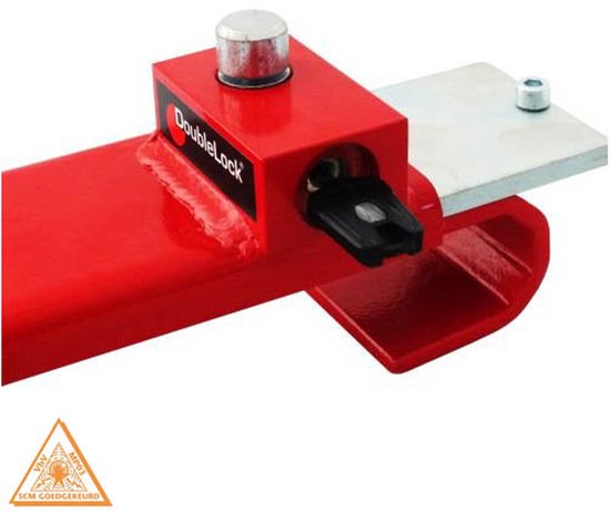 Rood DoubleLock containerslot met sleutel en SCM-goedgekeurd oranje driehoekslogo.