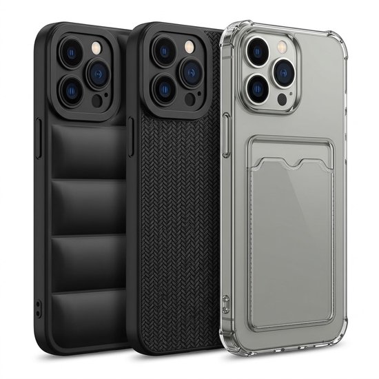 Set van drie iPhone-hoesjes: zwart gewatteerd, zwart met visgraattextuur en transparant met geïntegreerd kaartvak.