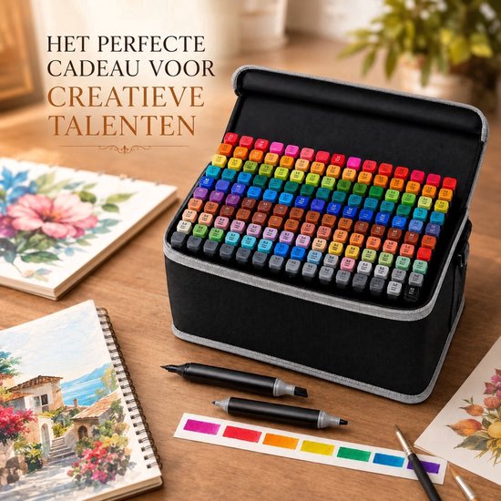 Set van 168 markers in een zwarte tas naast tekeningen van een bloem en een landschap. Tekst: Het perfecte cadeau voor creatieve talenten.