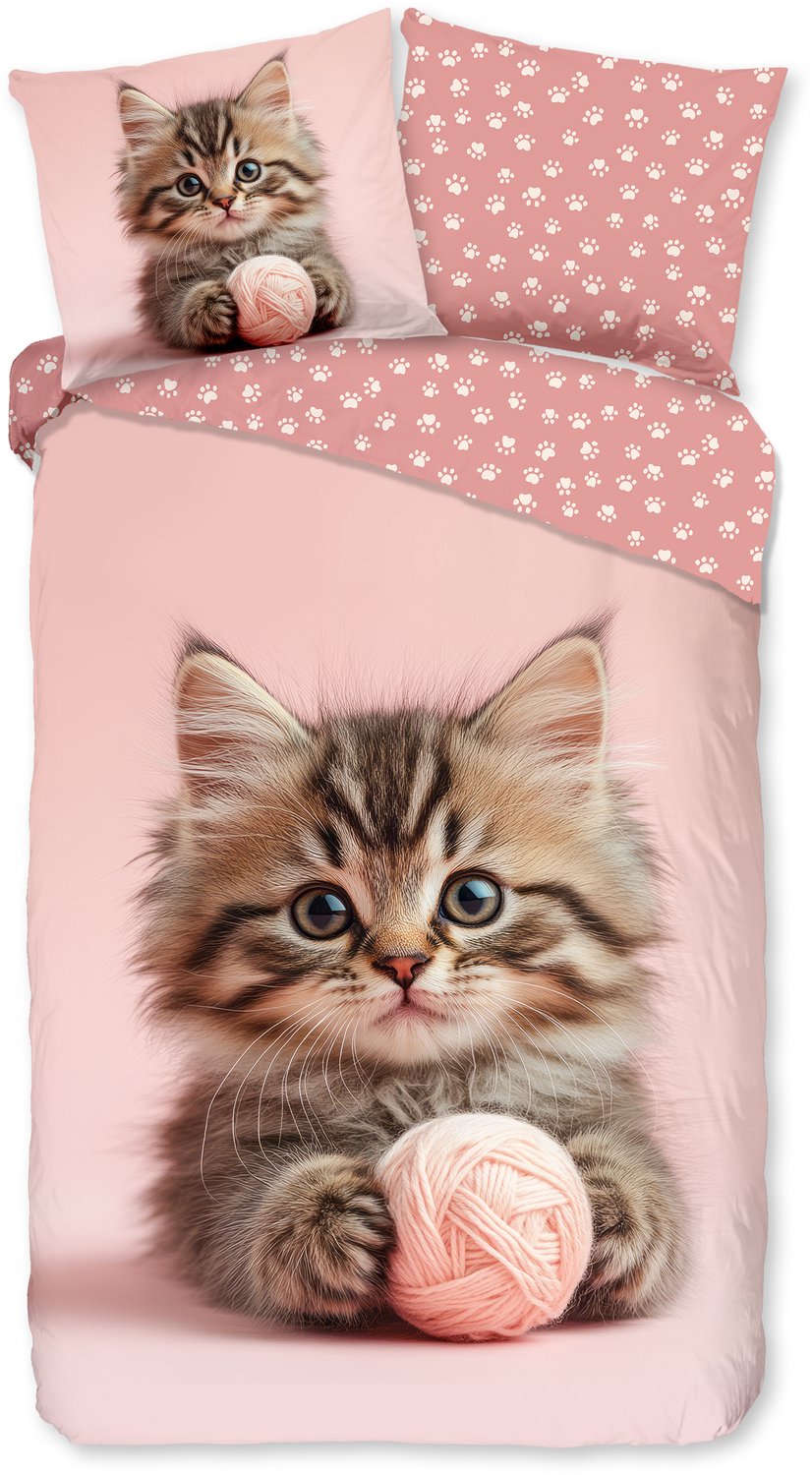 Good Morning dekbedovertrek kitten met bolletje wol - Roze - 100% Katoen renforce Pink