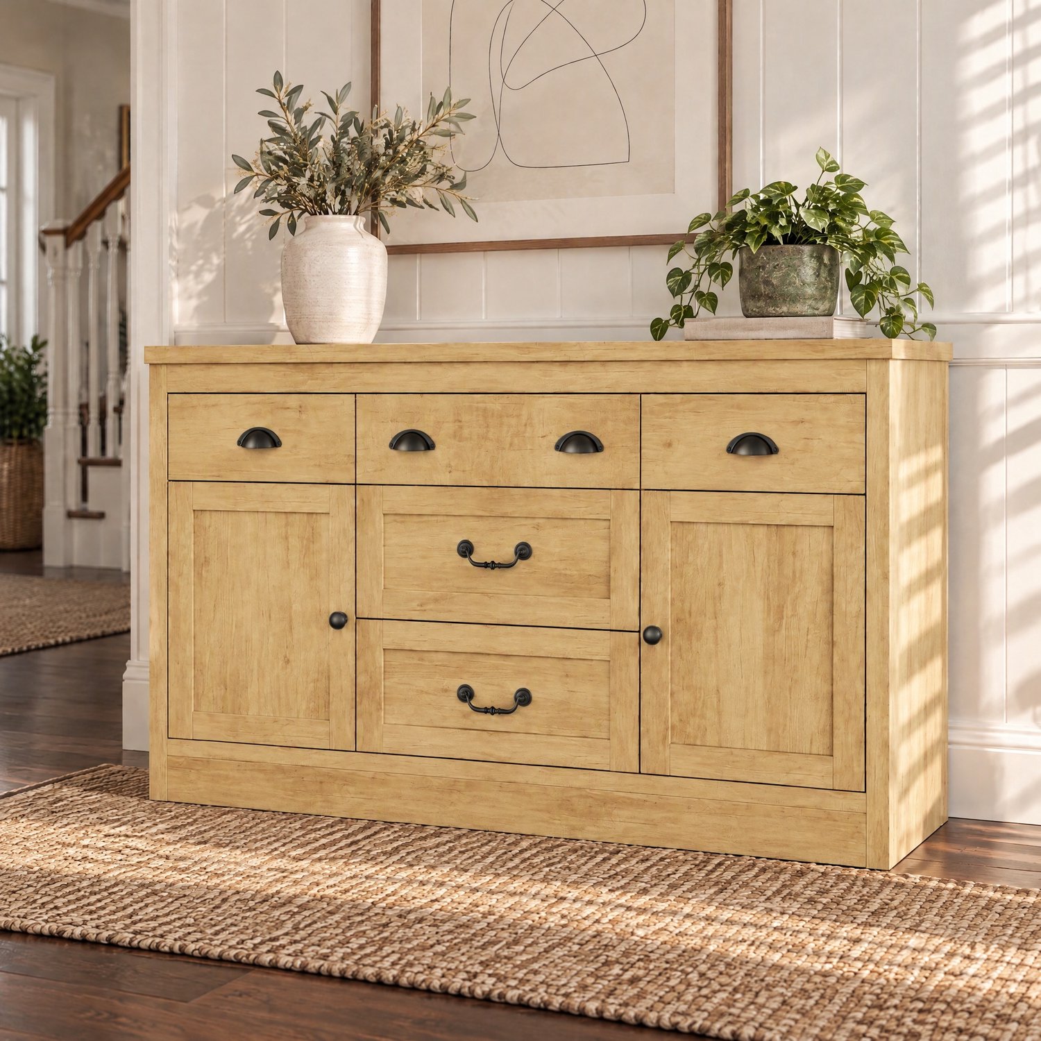 Buffetkast 135 x 40 x 80 cm - Keukenkast met 5 Laden en 2 Deuren - Verstelbare Planken - Houtlook Vintage - Dressoir - Sideboard - Naturel en Zwarte