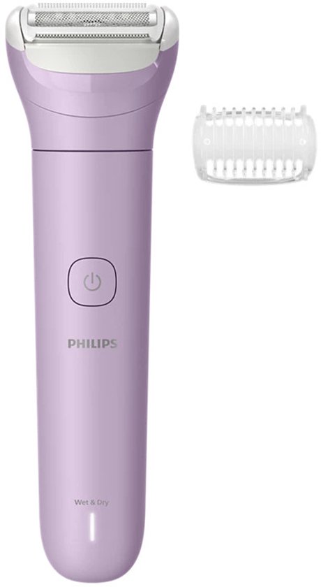 Paars Philips Ladyshave scheerapparaat voor nat en droog gebruik, inclusief transparant opzetstuk.