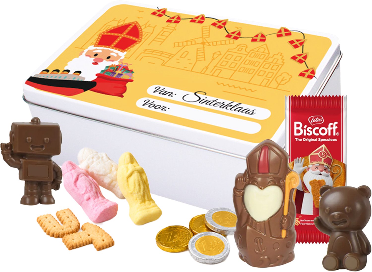 Libeert, Lotus & LU Sinterklaas geschenkdoos 341g - chocoladefiguren, Lotus Biscoff speculoos, nicnac letterkoekjes & guimauves - Sinterklaascadeau