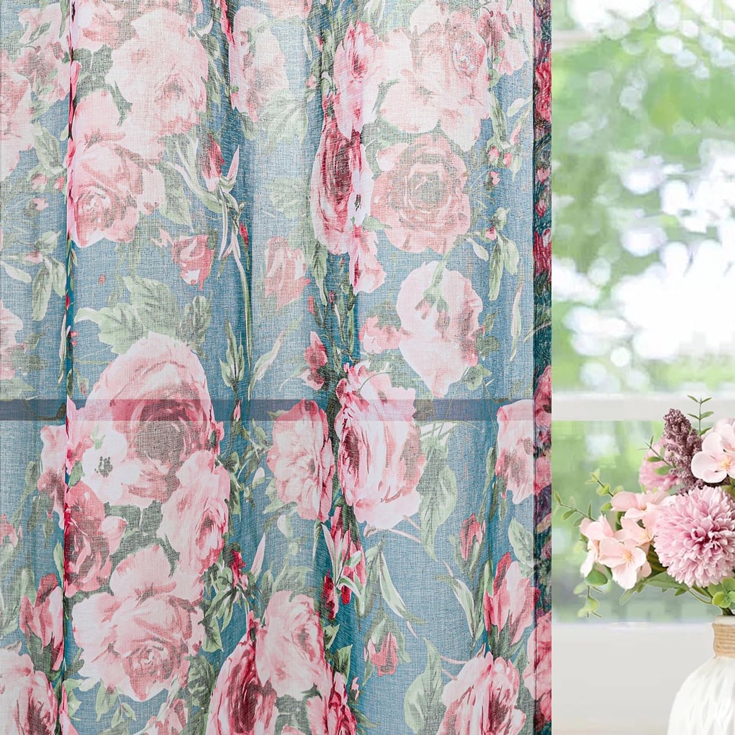 Gordijnen met bloemenprint, transparant, 2-delig set, 225 cm lang