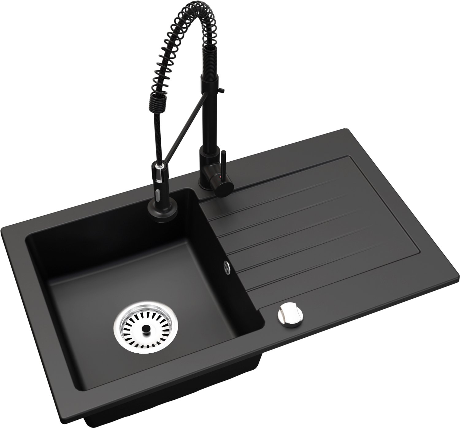 Faizee Home Alisha Granieten Spoelbak 75 × 44 cm – Keuken Spoelbak van Kwartscomposiet – Omkeerbaar – Inclusief Afvoer Mattschwarz Spiral