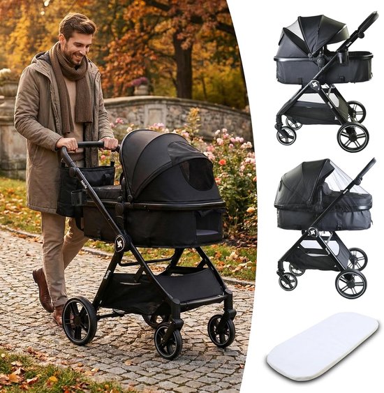 Twinly FABULY 3-in-1 Kinderwagen - Inclusief i-Size Autostoel - Omvormbare Reiswieg & Wandelwagen - Zwart — afbeelding 5